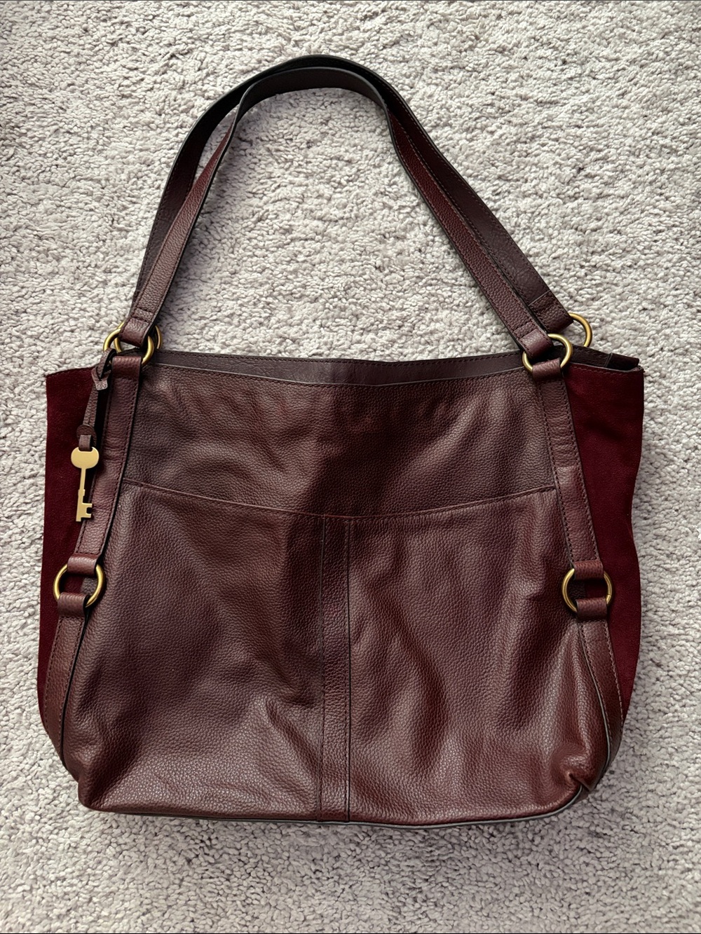 Fossil Leather and Suede Tote Bag in Deep Burgundy